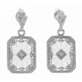 Art Deco Sunray Camphor Glass Genuine Diamond Filigree Earrings Sterling Silver