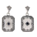 Art Deco Sunray Camphor Glass Sapphire Diamond Filigree Earrings Sterling Silver