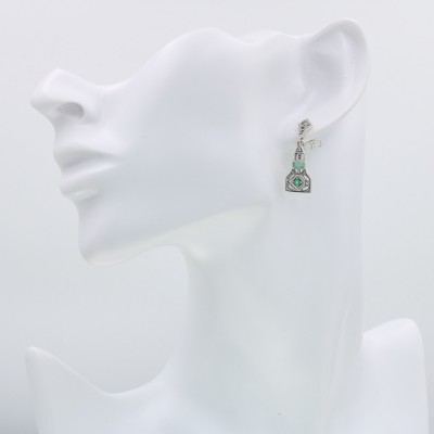 Art Deco Style Genuine Emerald / White Topaz Filigree Earrings Sterling Silver - FE-373-E