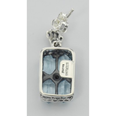 Art Deco Style Blue Topaz w/ Diamond Earrings - Sterling Silver - FE-376-BT