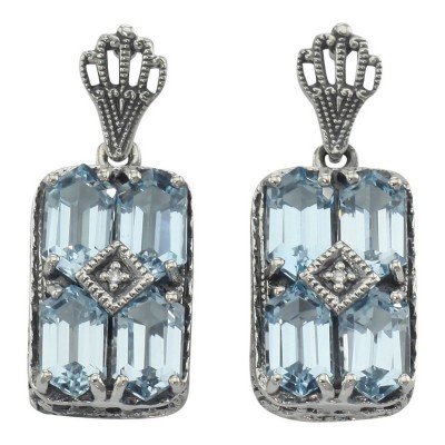 Art Deco Style Blue Topaz w/ Diamond Earrings - Sterling Silver - FE-376-BT