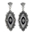 Sunray Camphor Glass and Jet Genuine Diamond Filigree Earrings Sterling Silver