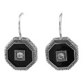 Unique Art Deco Black Onyx and White Topaz Filigree Earrings - Sterling Silver