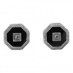 Classic Art Deco Filigree Black Onyx and White Topaz Earrings - Sterling Silver