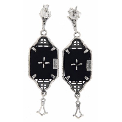 Art Deco Style Black Onyx Dangle Filigree Earrings with Diamond Sterling Silver - FE-582-O