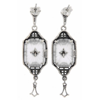Art Deco Style Sunray Crystal Dangle Filigree Diamond Earrings Sterling Silver - FE-582-SR