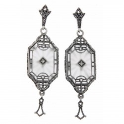 Art Deco Style Sunray Crystal Dangle Filigree Diamond Earrings Sterling Silver