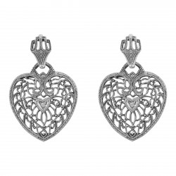 Victorian Style Diamond Filigree Heart Shaped Earrings - Sterling Silver