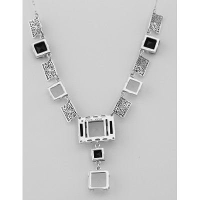 Art Deco Style Onyx and Quartz Crystal Necklace - Sterling Silver - FN-211