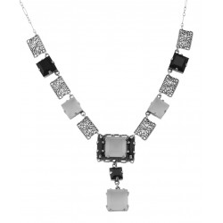 Art Deco Style Onyx and Quartz Crystal Necklace - Sterling Silver