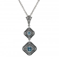 Art Deco Style Genuine London Blue Topaz and Filigree Necklace - Sterling Silver