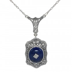 Art Deco Style Blue Lapis Lazuli and Diamond Pendant and Chain - Sterling Silver
