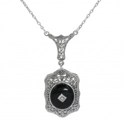 Art Deco Style Black Onyx and Diamond Pendant and Chain - Sterling Silver