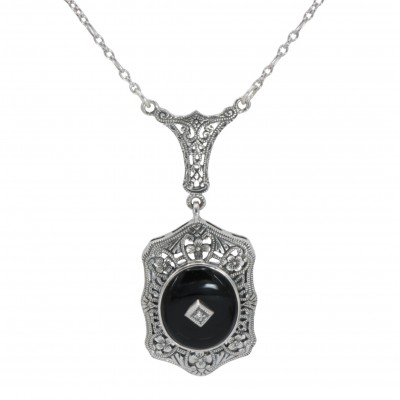 Art Deco Style Black Onyx and Diamond Pendant and Chain - Sterling Silver - FN-69-O