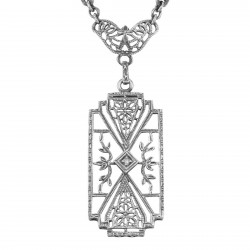 Art Deco Style Camphor Glass Filigree Diamond Necklace Sterling Silver