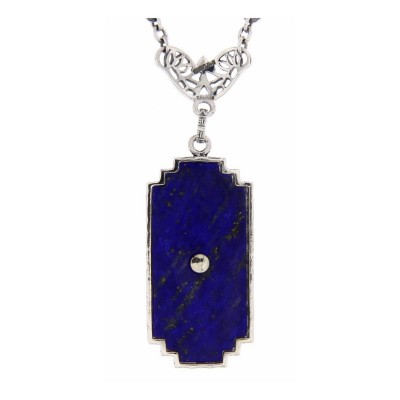 Art Deco Style Blue Lapis Filigree Diamond Necklace - Sterling Silver - FN-157-L