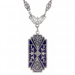 Art Deco Style Blue Lapis Filigree Diamond Necklace - Sterling Silver