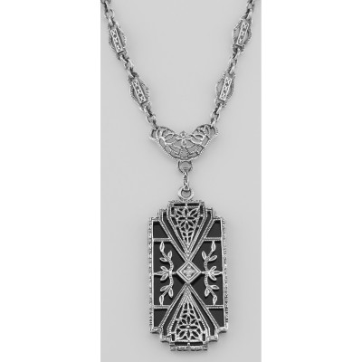 Art Deco Style Black Onyx Filigree Diamond Necklace - Sterling Silver - FN-157-O