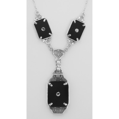 Victorian Style Black Onyx Filigree Diamond Necklace in Fine Sterling Silver - FN-186-O