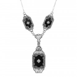 Victorian Style Black Onyx Filigree Diamond Necklace in Fine Sterling Silver