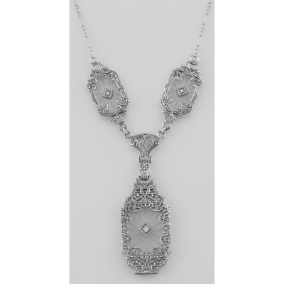 Victorian Style Camphor Glass Crystal Filigree Diamond Necklace Sterling Silver - FN-186-SR