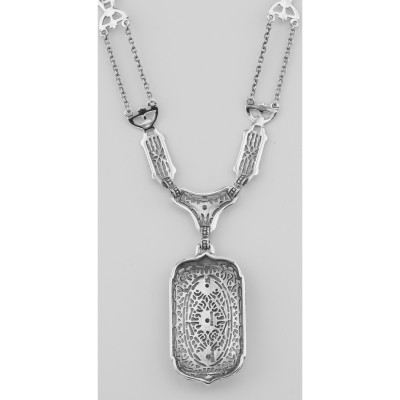 Victorian Style White Topaz Filigree Necklace with 18 Inch Chain Sterling Silver - FN-204-WT