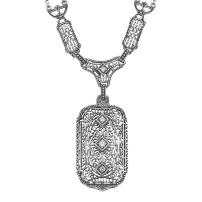 Victorian Style White Topaz Filigree Necklace with 18 Inch Chain Sterling Silver - FN-204-WT