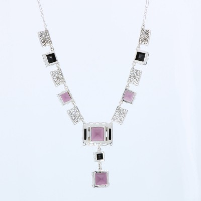 Art Deco Style Amethyst and Onyx Necklace - Sterling Silver - FN-211-AM-O