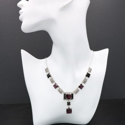 Art Deco Style Amethyst and Onyx Necklace - Sterling Silver - FN-211-AM-O