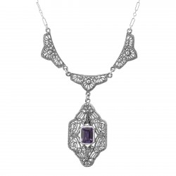 Victorian Style Floral Amethyst Filigree 19 Necklace - Sterling Silver