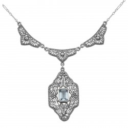 Unique Victorian Style Blue Topaz Filigree Necklace - Sterling Silver