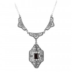 Classic Victorian Style Garnet Filigree Necklace w/ 19 Chain Sterling Silver