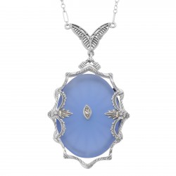 Blue Sapphire Colored Sunray Crystal  Diamond Necklace - Sterling Silver