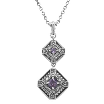 Art Deco Style Genuine Amethyst and Filigree Necklace - Sterling Silver - FN-280-AM
