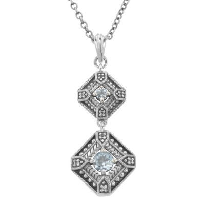 Art Deco Style Genuine Blue Topaz and Filigree Necklace - Sterling Silver - FN-280-BT