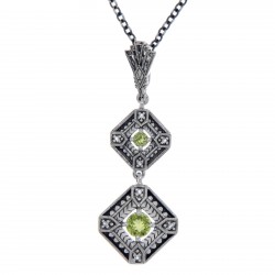 Art Deco Style Genuine Peridot and Filigree Necklace - Sterling Silver
