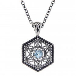 Art Deco Hexagon Filigree Blue Topaz Pendant Adjustable Chain - Sterling Silver