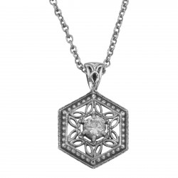 Art Deco Hexagon Filigree CZ Pendant w/ Adjustable Chain - Sterling Silver