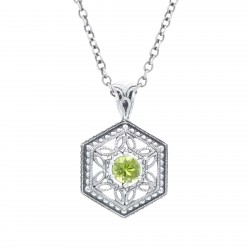 Art Deco Hexagon Filigree Green Peridot Pendant Adjustable Chain Sterling Silver