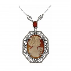 Hand Carved Italian Shell Cameo and Carnelian Filigree Necklace Sterling Silver