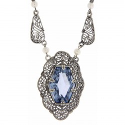 Victorian Style Synthetic Aquamarine and Pearl Filigree Necklace Sterling Silver