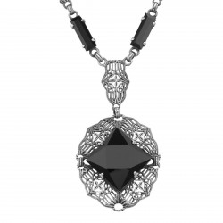 Unique Art Deco Black Onyx Filigree Necklace - Sterling Silver