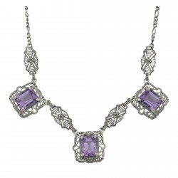 Art Deco Style 3 Gemstone Amethyst Filigree 17.5 Inch Necklace Sterling Silver