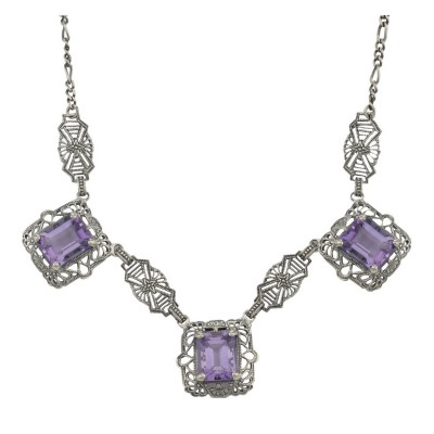 Art Deco Style 3 Gemstone Amethyst Filigree 17.5 Inch Necklace Sterling Silver - FN-45-AM