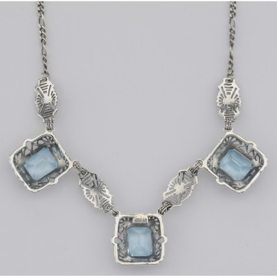 Art Deco Style 3 Gemstone Blue Topaz Filigree 17.5 Inch Necklace Sterling Silver - FN-45-BT
