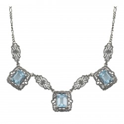 Art Deco Style 3 Gemstone Blue Topaz Filigree 17.5 Inch Necklace Sterling Silver
