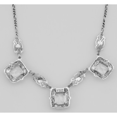Art Deco Style 3 Gemstone White Topaz Filigree 17.5 In Necklace Sterling Silver - FN-45-WT