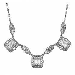 Art Deco Style 3 Gemstone White Topaz Filigree 17.5 In Necklace Sterling Silver