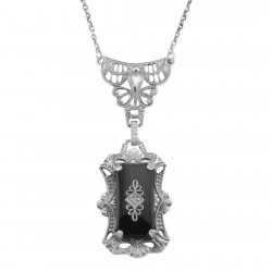 Victorian Style Black Onyx Filigree Diamond Necklace - Sterling Silver