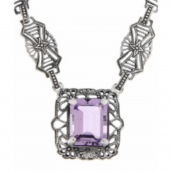 Art Deco Style Genuine Amethyst with 18 Inch Filigree Necklace Sterling Silver